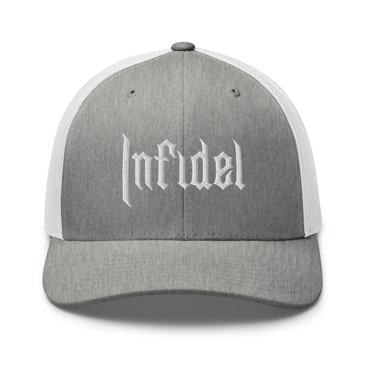 Heather Grey White, snapback hat, with embroidered OG INFIDEL mark, front view