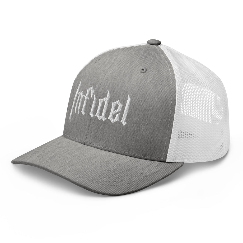 Heather Grey White, snapback hat, with embroidered OG INFIDEL mark, left front view