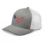 Heather Grey White trucker snapback cap, left front view with Old Glory Eagle embroidery