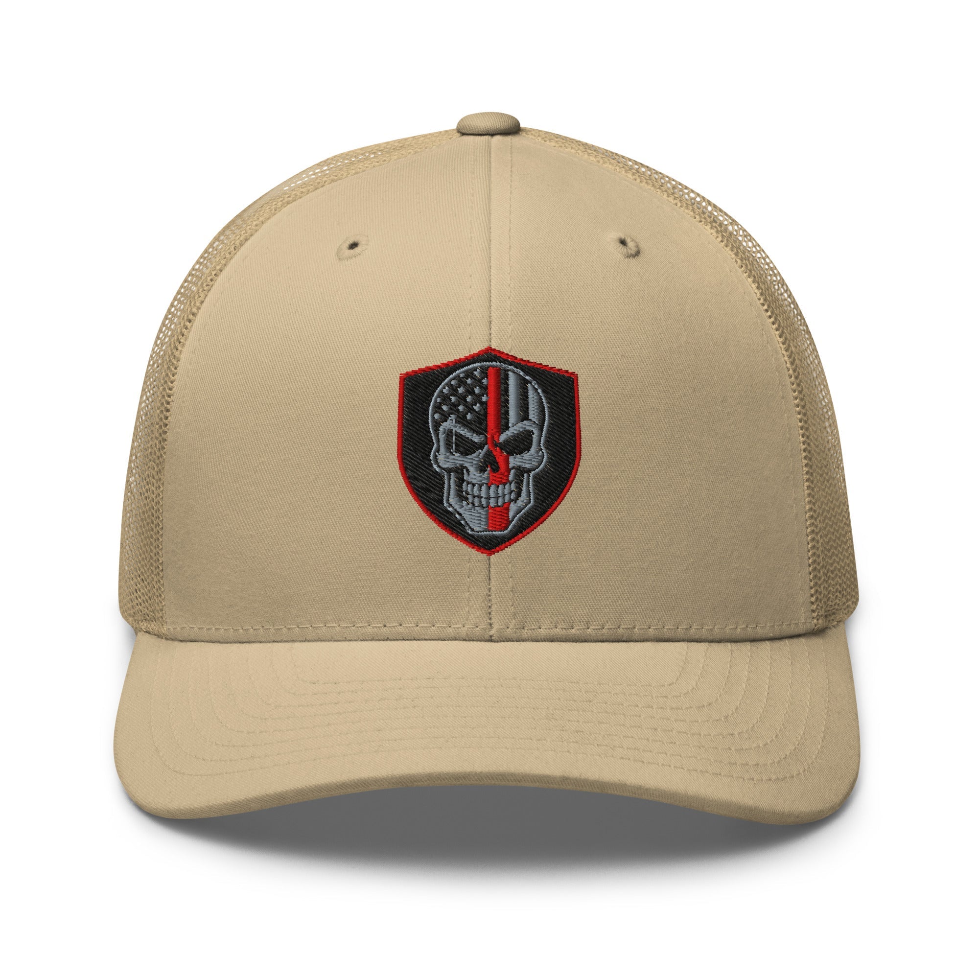 Hats Khaki Snapback Custom Trucker Hats Red Line Skull Patriotic Cap for Men & Women Infidel Collective