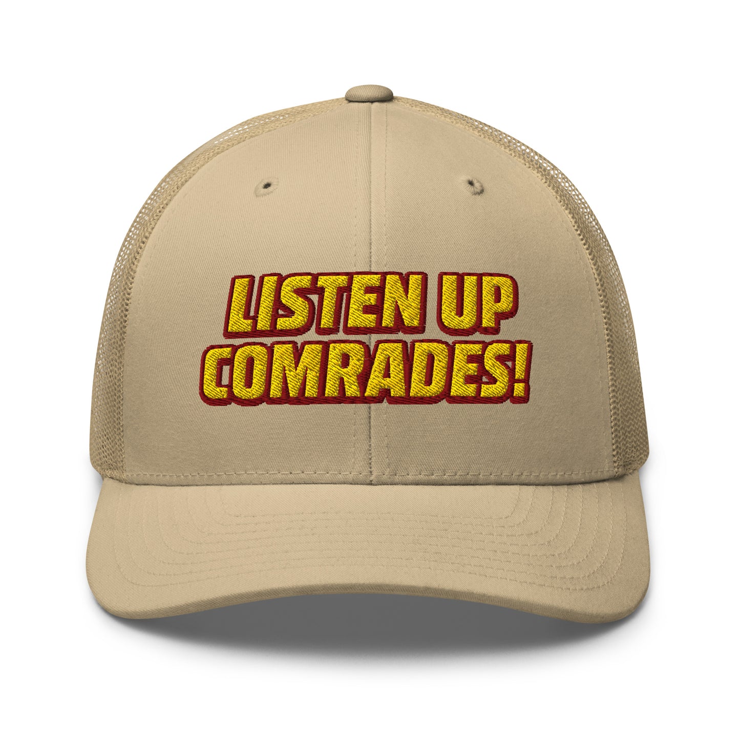 Beige cap with 'Listen Up Comrades!' text in yellow on a white background