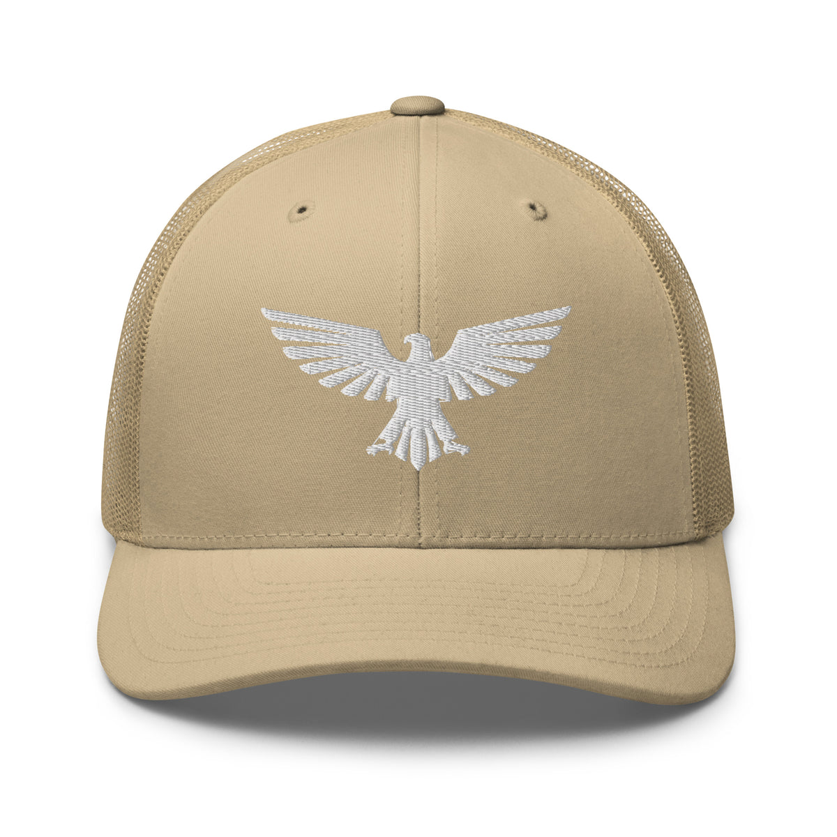 Khaki, snapback hat, with embroidered patriotic eagle crest, front view