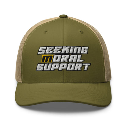 Moss-Khaki Snapback Custom Trucker Hat – Funny NSFW Seeking M-oral Support Vulgar Humor Infidel Collective