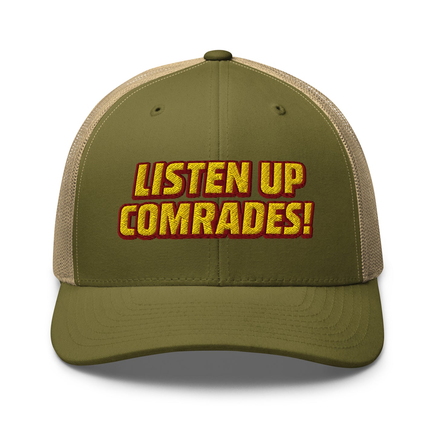 Green and beige cap with 'Listen Up Comrades!' text on a white background