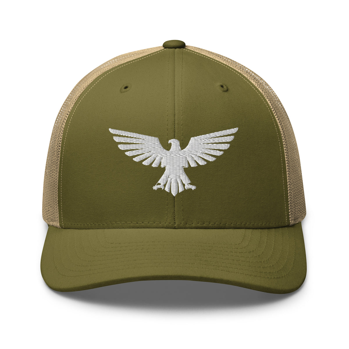 Moss Khaki, snapback hat, with embroidered patriotic eagle crest, front view