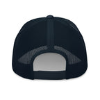 Navy snapback trucker cap with embroidered INFIDEL War Pig design, back view