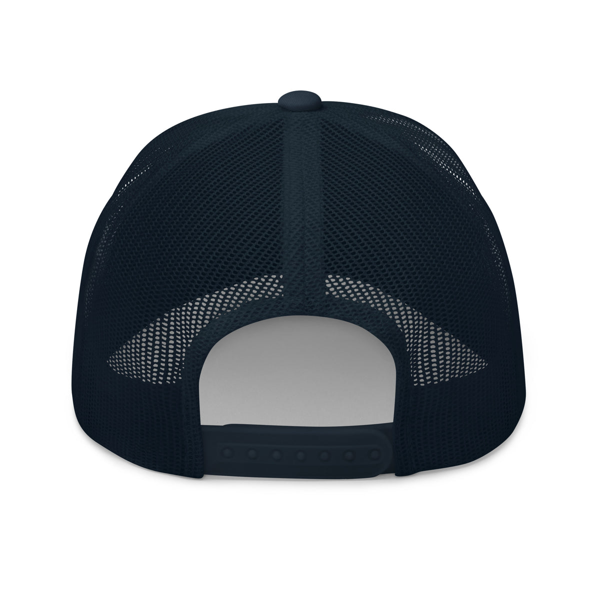 Navy snapback trucker cap with embroidered Only Fear Infidel reaper design, back view
