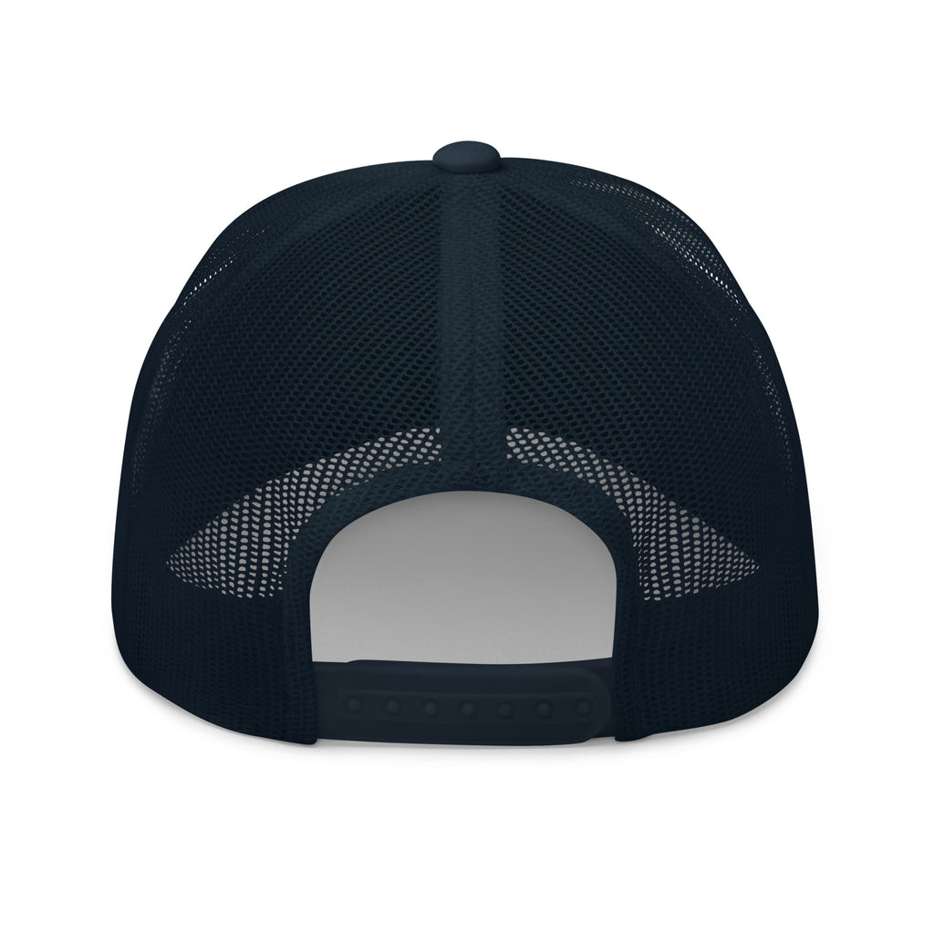 Navy snapback trucker cap with embroidered Infidel Script design, back view