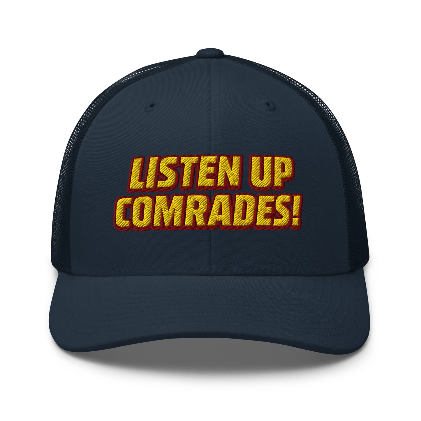 Navy blue cap with yellow text 'LISTEN UP COMRADES!' on a white background