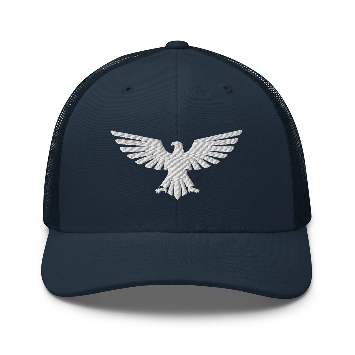 Navy, snapback hat, with embroidered patriotic eagle crest, front view