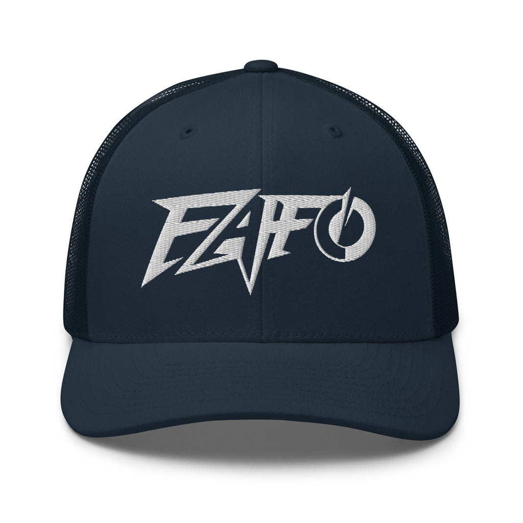 Navy snapback trucker cap with embroidered FAFO Power design, front view