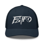 Navy snapback trucker cap with embroidered FAFO Power design, front view