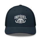 Navy snapback trucker cap with embroidered INFIDEL War Pig design, front view