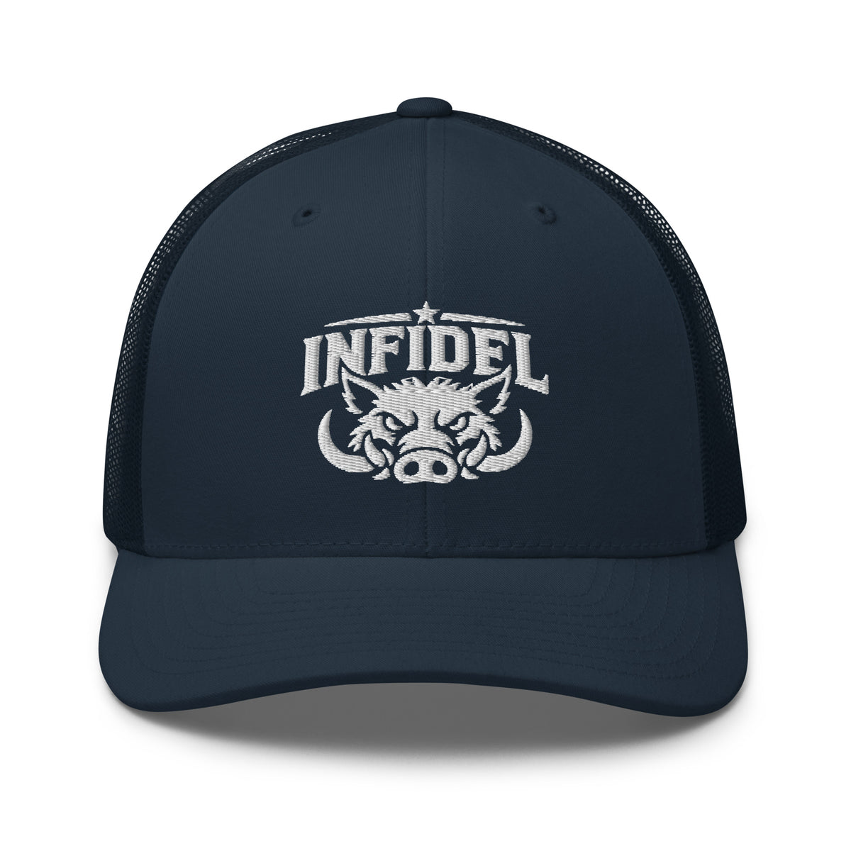 Navy snapback trucker cap with embroidered INFIDEL War Pig design, front view