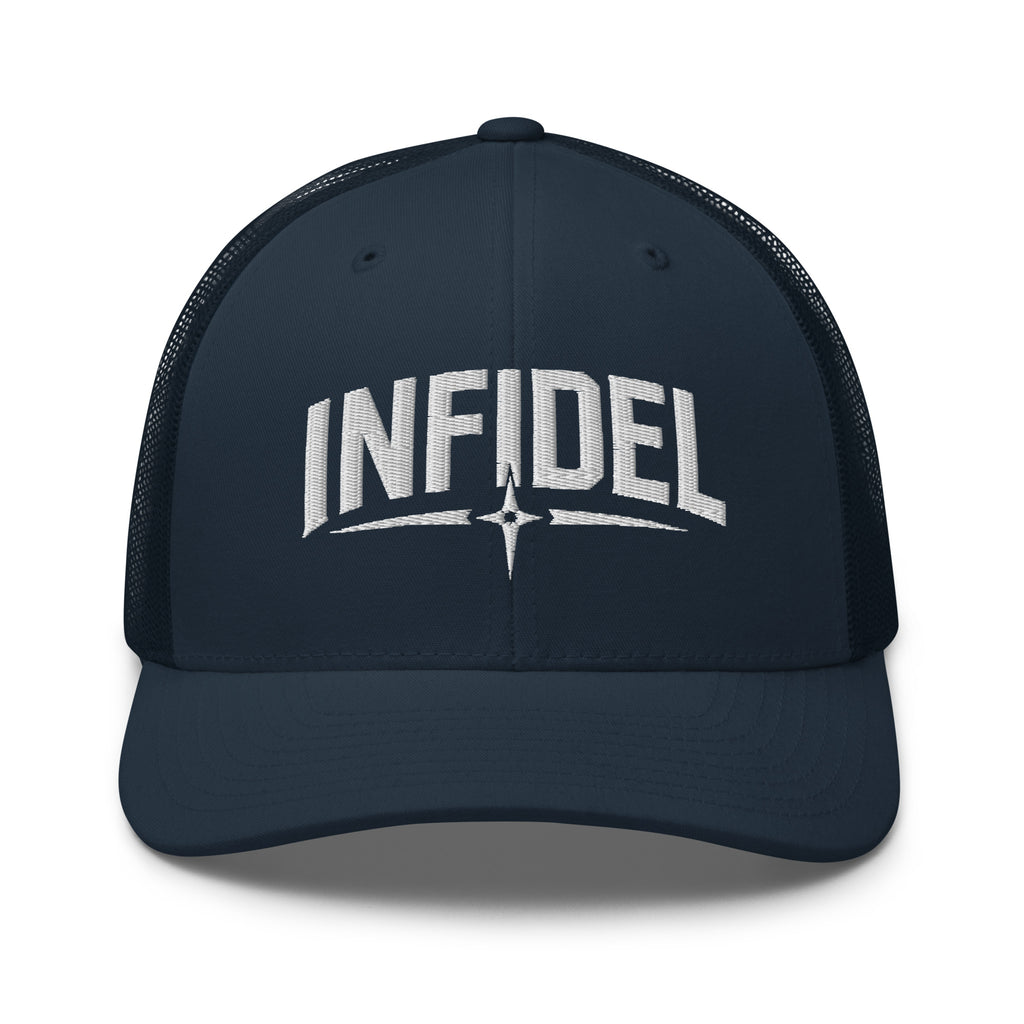 Navy snapback trucker cap with embroidered Infidel Spike design, front view