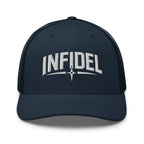 Navy snapback trucker cap with embroidered Infidel Spike design, front view