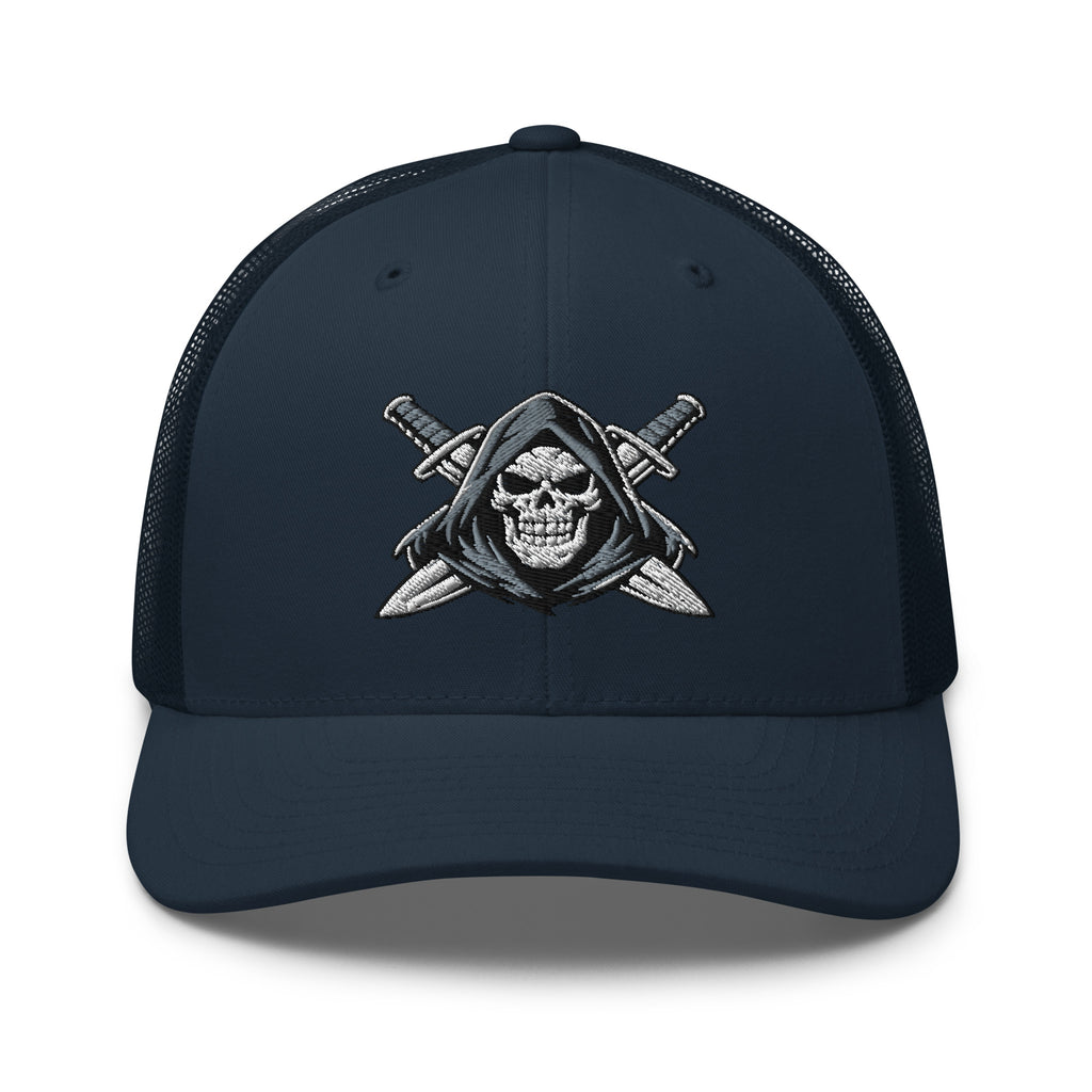 Navy snapback trucker cap with embroidered Only Fear Infidel reaper design, front view
