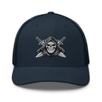 Navy snapback trucker cap with embroidered Only Fear Infidel reaper design, front view
