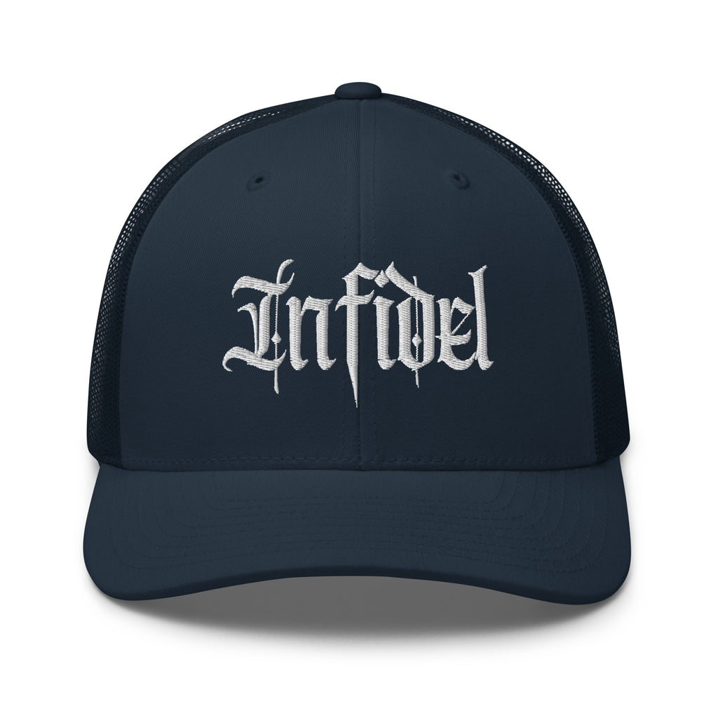 Navy snapback trucker cap with embroidered Infidel Script design, front view