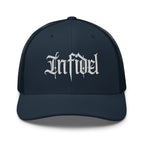Navy snapback trucker cap with embroidered Infidel Script design, front view
