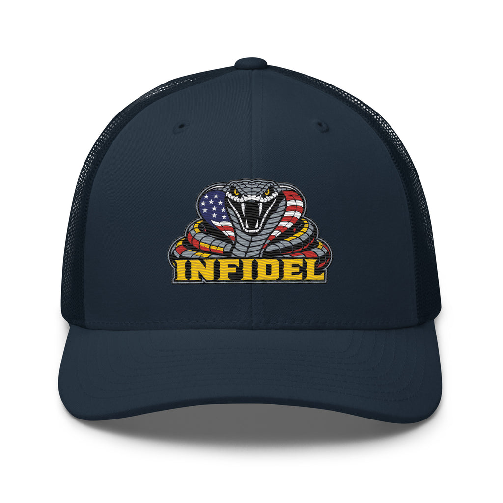 Navy mesh-back trucker cap with embroidered INFIDEL USA Flag Cobra front design, front view