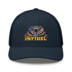 Navy mesh-back trucker cap with embroidered INFIDEL USA Flag Cobra front design, front view