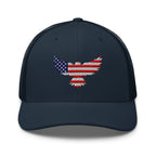Navy trucker snapback cap, front view with Old Glory Eagle embroidery