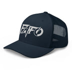 Navy snapback trucker cap with embroidered FAFO Power design, left front view