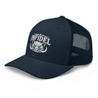 Navy snapback trucker cap with embroidered INFIDEL War Pig design, left front view