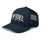 Navy snapback trucker cap with embroidered Infidel Spike design, left front view