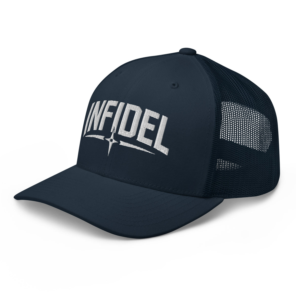 Navy snapback trucker cap with embroidered Infidel Spike design, left front view
