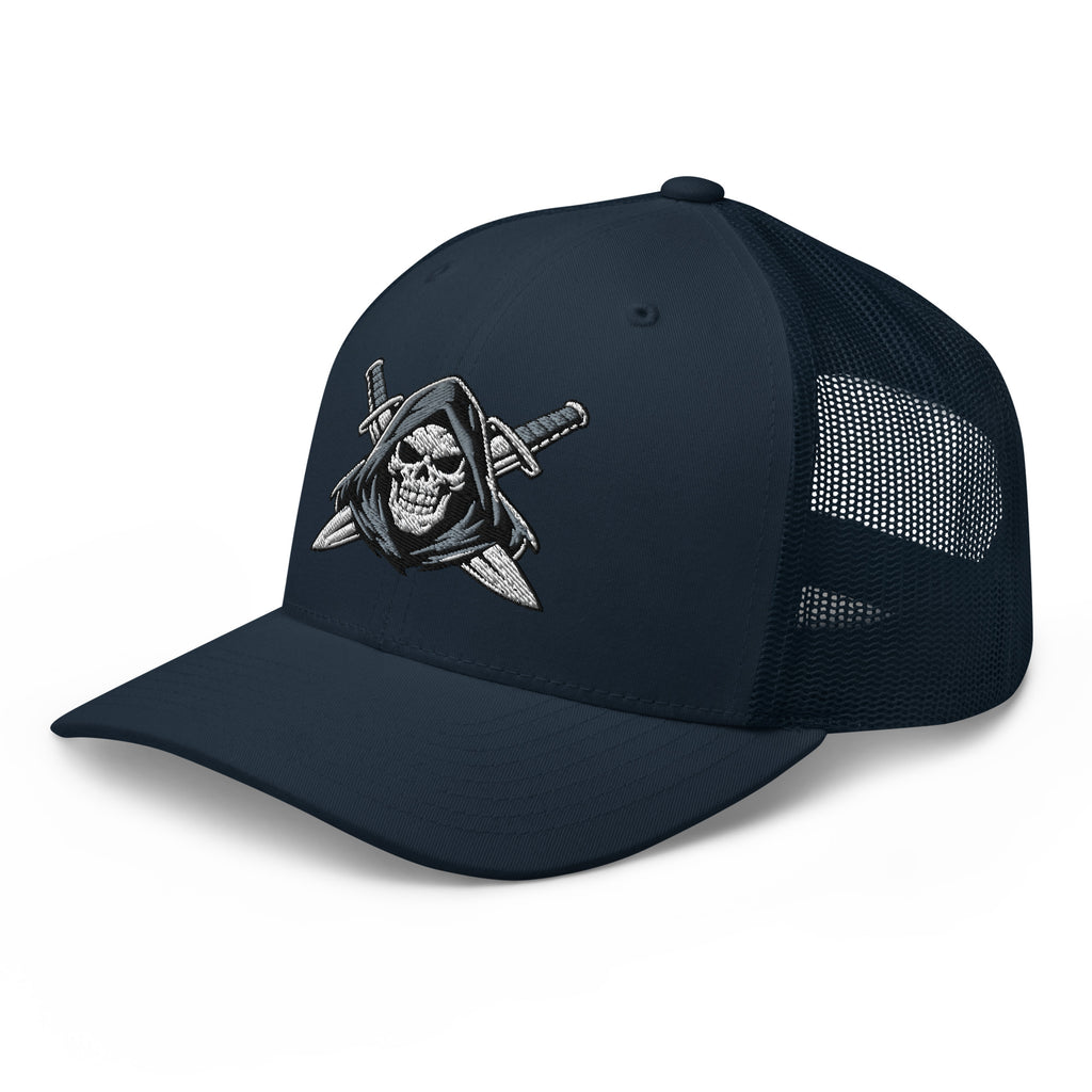 Navy snapback trucker cap with embroidered Only Fear Infidel reaper design, left front view