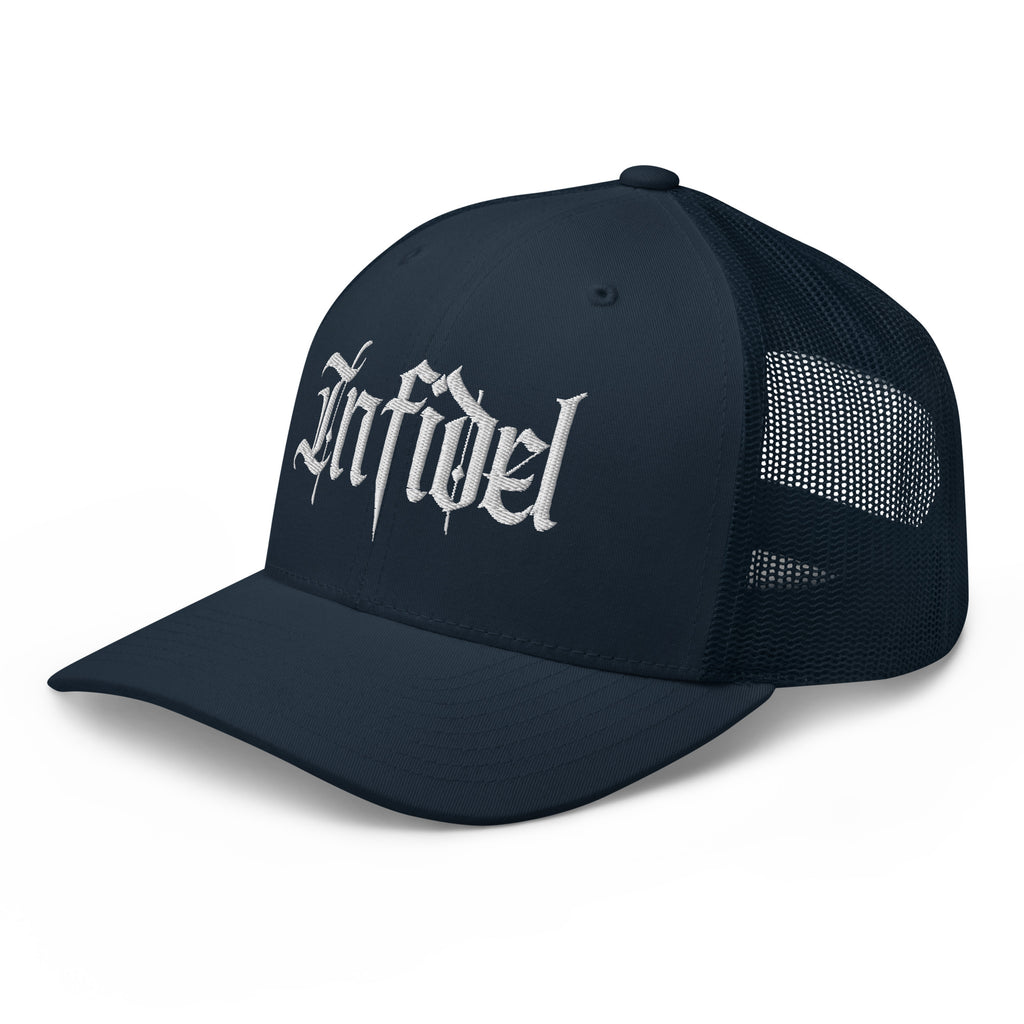 Navy snapback trucker cap with embroidered Infidel Script design, left front view
