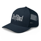 Navy snapback trucker cap with embroidered Infidel Script design, left front view