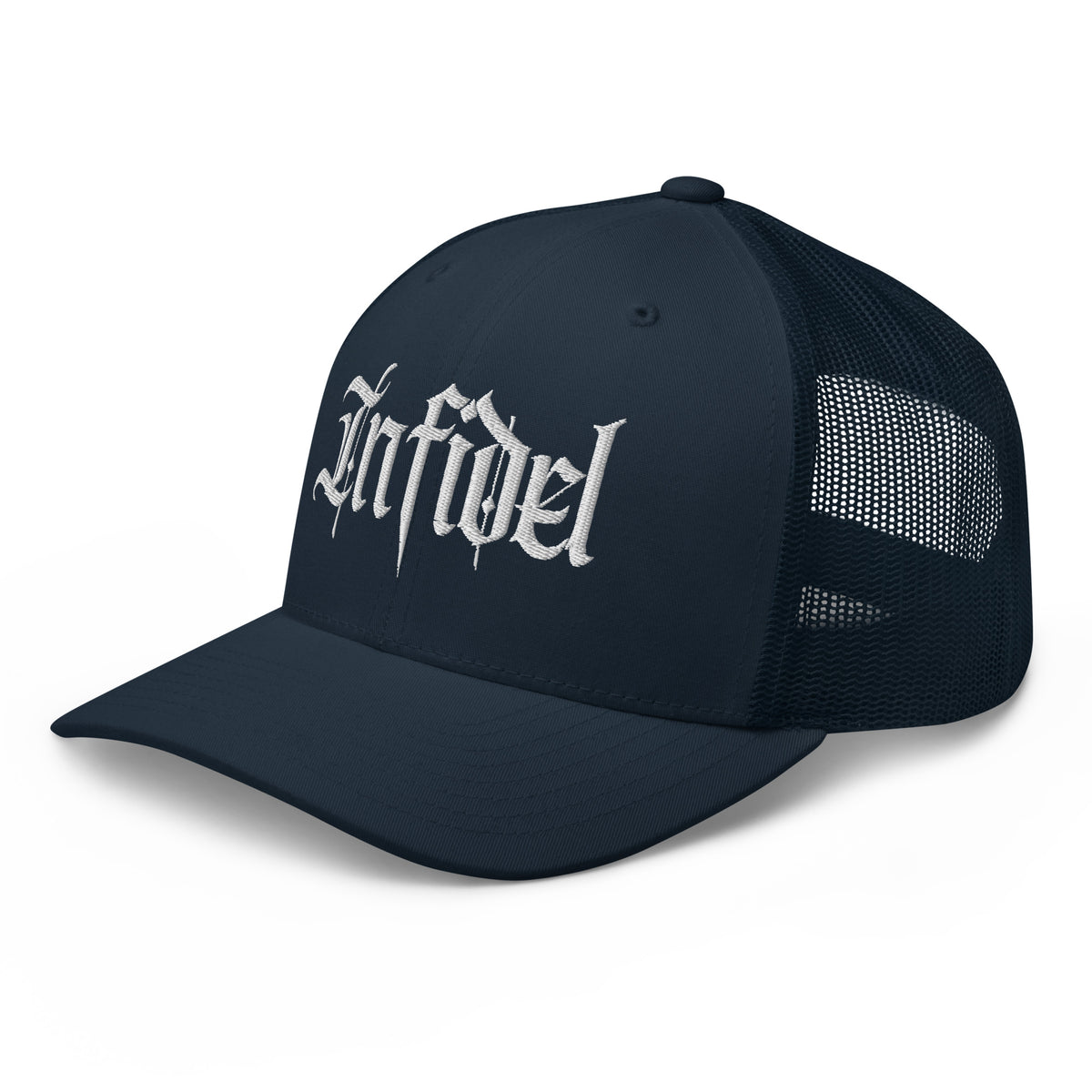 Navy snapback trucker cap with embroidered Infidel Script design, left front view