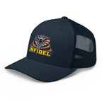 Navy mesh-back trucker cap with embroidered INFIDEL USA Flag Cobra design, left front view
