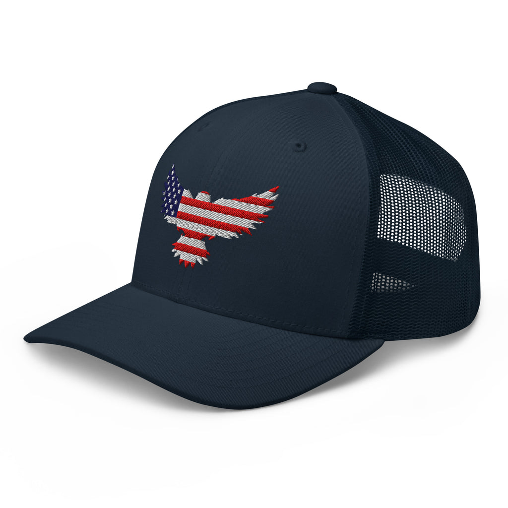 Navy trucker snapback cap, left front view with Old Glory Eagle embroidery