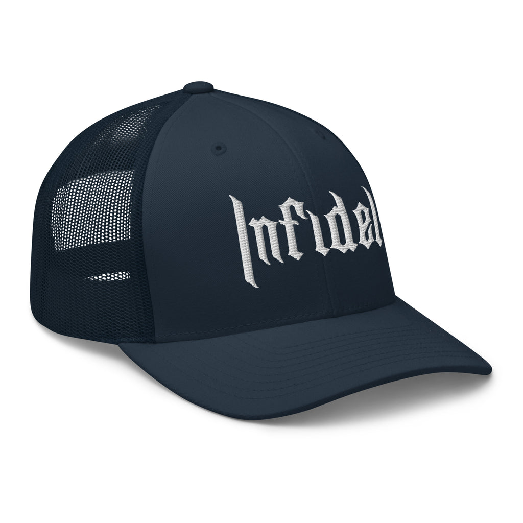 Navy, snapback hat, with embroidered OG INFIDEL mark, right front view