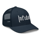 Navy, snapback hat, with embroidered OG INFIDEL mark, right front view