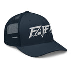 Navy snapback trucker cap with embroidered FAFO Power design, right front view