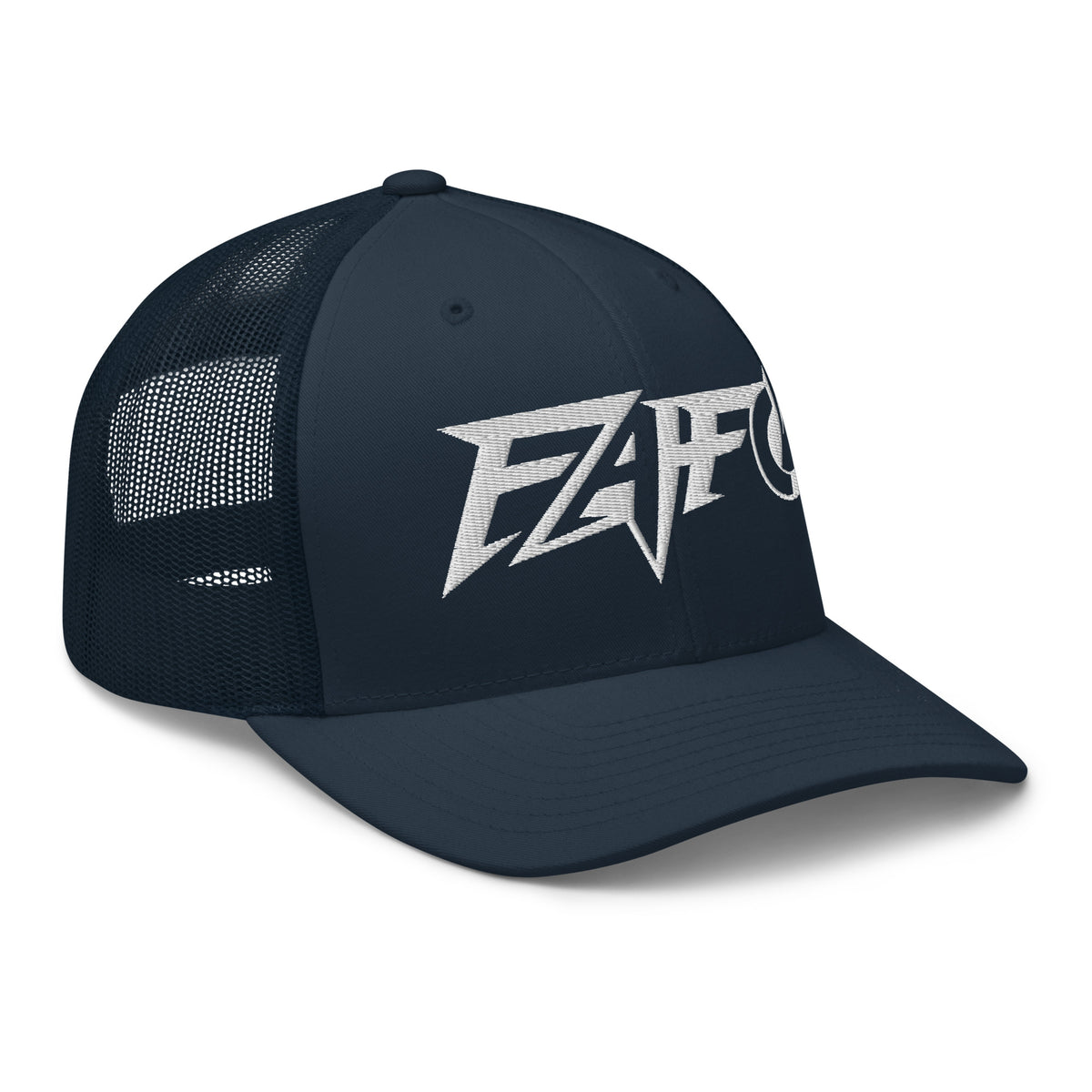 Navy snapback trucker cap with embroidered FAFO Power design, right front view