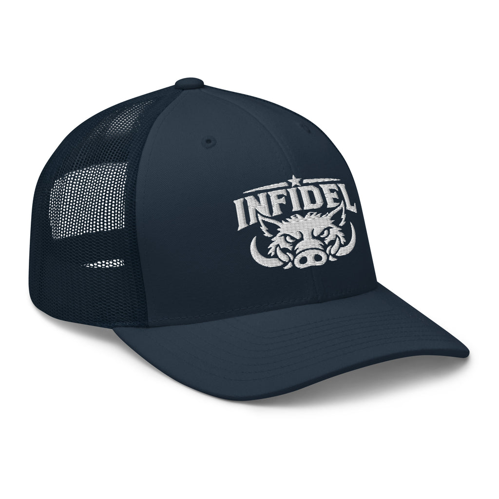 Navy snapback trucker cap with embroidered INFIDEL War Pig design, right front view