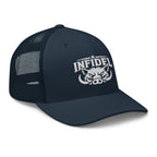Navy snapback trucker cap with embroidered INFIDEL War Pig design, right front view