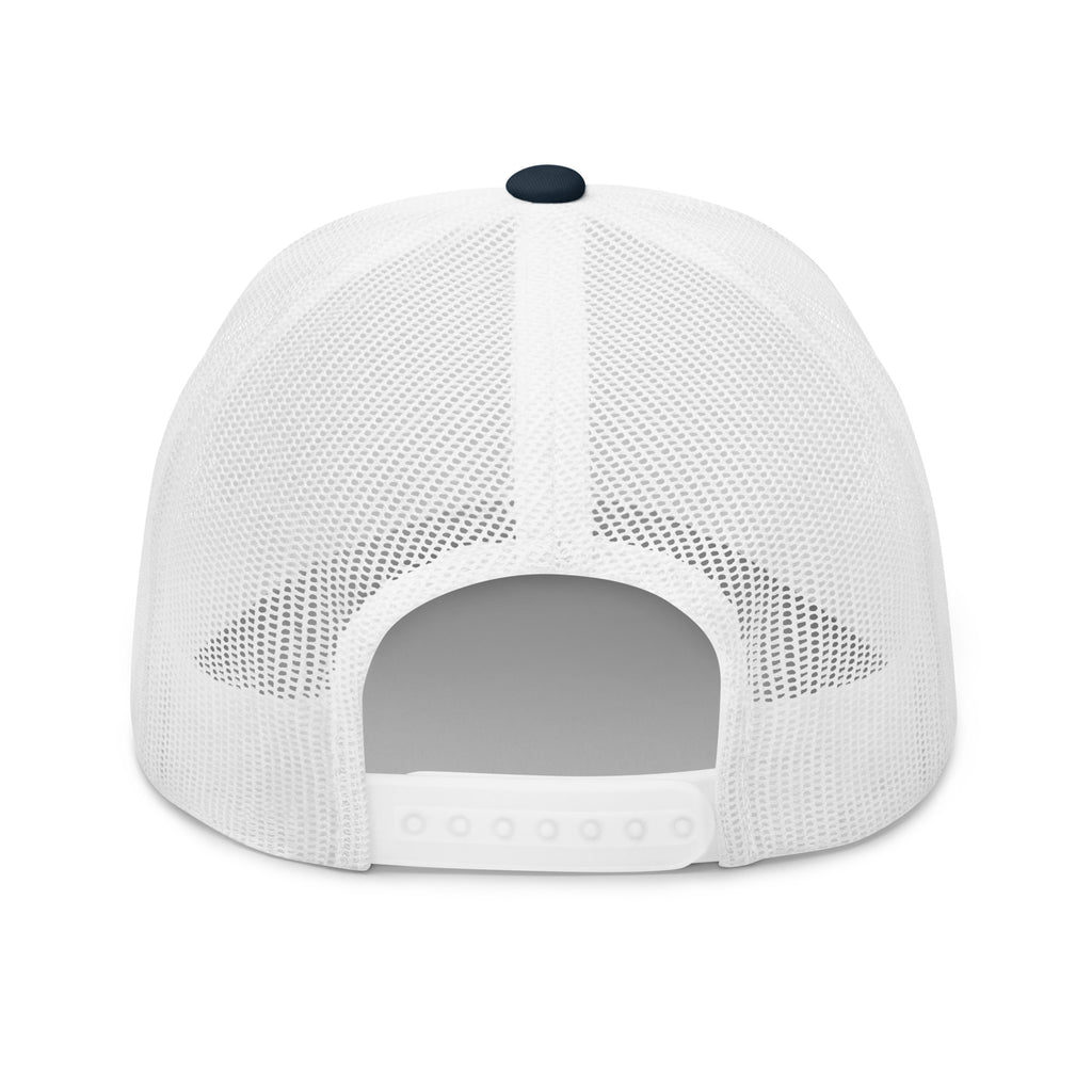 Navy White snapback trucker cap with embroidered INFIDEL War Pig design, back view