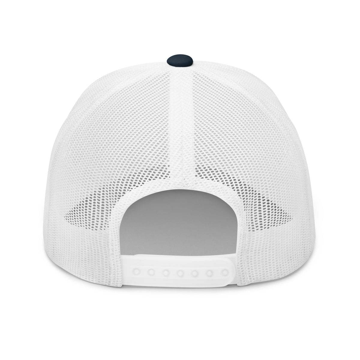 Navy White snapback trucker cap with embroidered INFIDEL War Pig design, back view