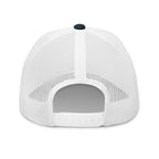 Navy White snapback trucker cap with embroidered Only Fear Infidel reaper design, back view