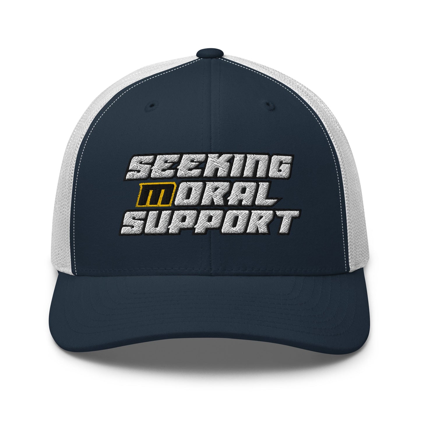 Navy-White Snapback Custom Trucker Hat – Funny NSFW Seeking M-oral Support Vulgar Humor Infidel Collective