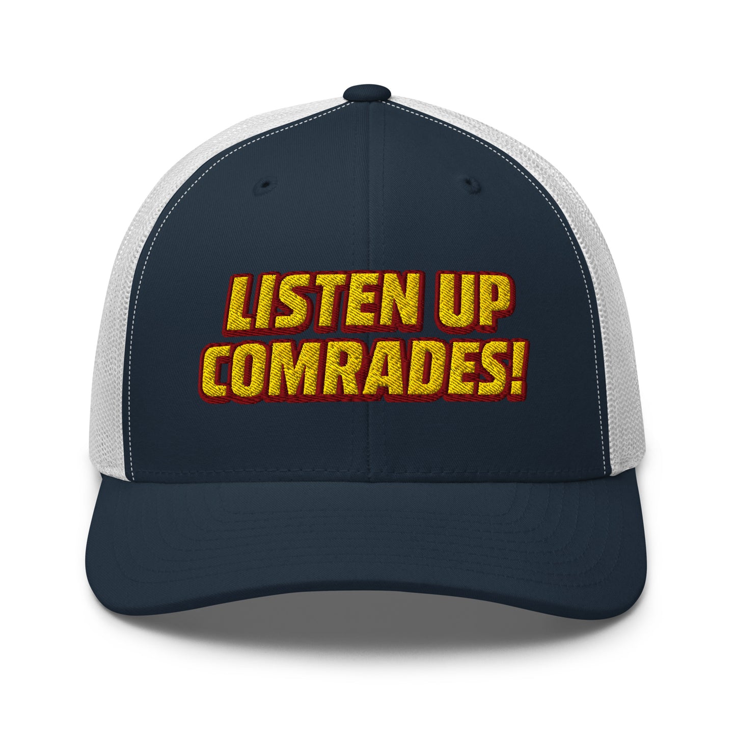 Navy and gray cap with 'Listen Up Comrades!' text in yellow on a white background