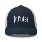 Navy White, snapback hat, with embroidered OG INFIDEL mark, front view