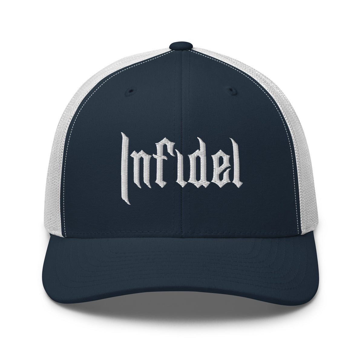 Navy White, snapback hat, with embroidered OG INFIDEL mark, front view